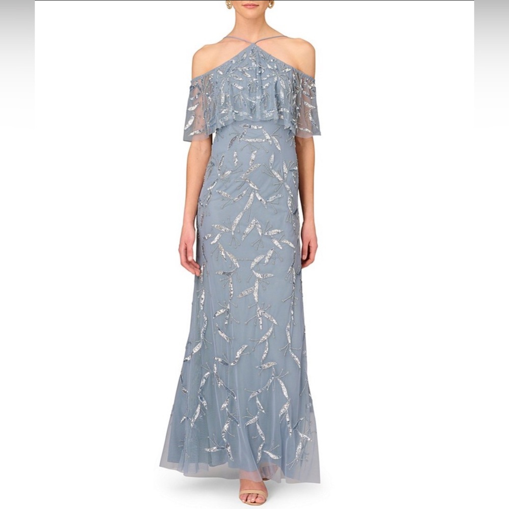 NWT Aidan Mattox Blue Cold Shoulder Gold Beaded Gown long dress -size 2